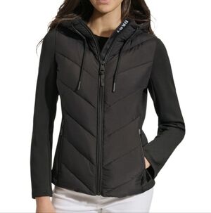 DKNY Mixed Media Light Weight Puffer Hooded Black Medium New Tags